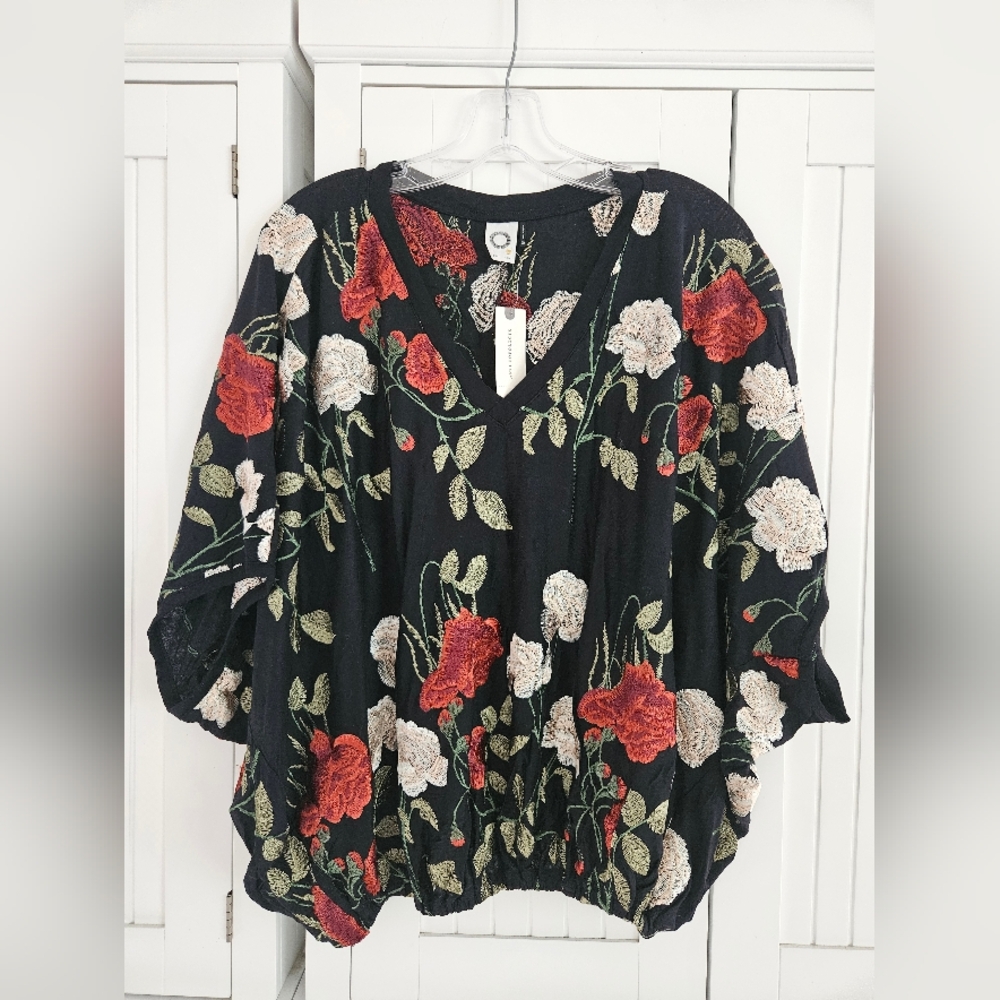 Anthropologie Black Floral Top with Red and Cream Accents
